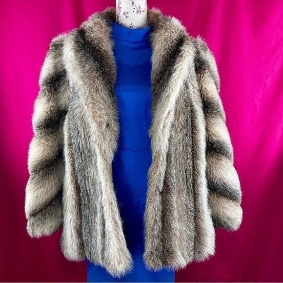 Vintage Jackets & Blazers - Vintage Faux Fur Striped Coat Brown Short Large Mob Wife Glam Luxury‎ Chic